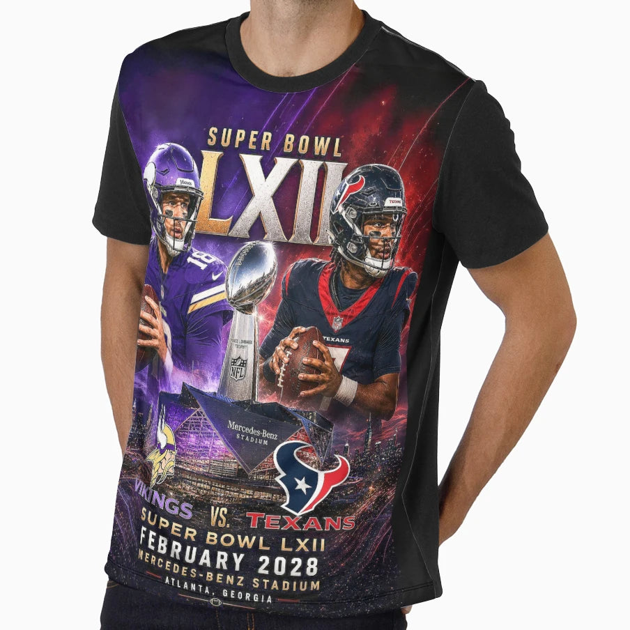 Superbowl Lxii Vikings Vs Texans 2028 T-Shirt - Aesthetic Graphic Men Women - T-Shirt, Sweatshirt, Hoodie