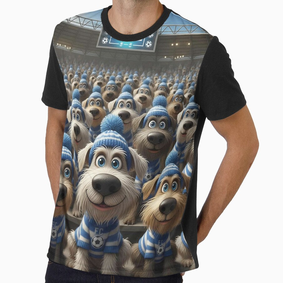 Cute Cartoon Dogs as Soccer Fans in Blue Stadium - Adult & Kids T-Shirts, Sweatshirts & Hoodies apparel design preview 1