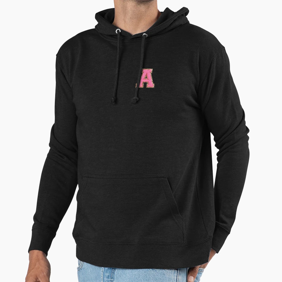 Bubblegum Glitter Varsity Letter Patches Hoodie - Trendy Graphic Men Women - T-Shirt, Sweatshirt, Hoodie