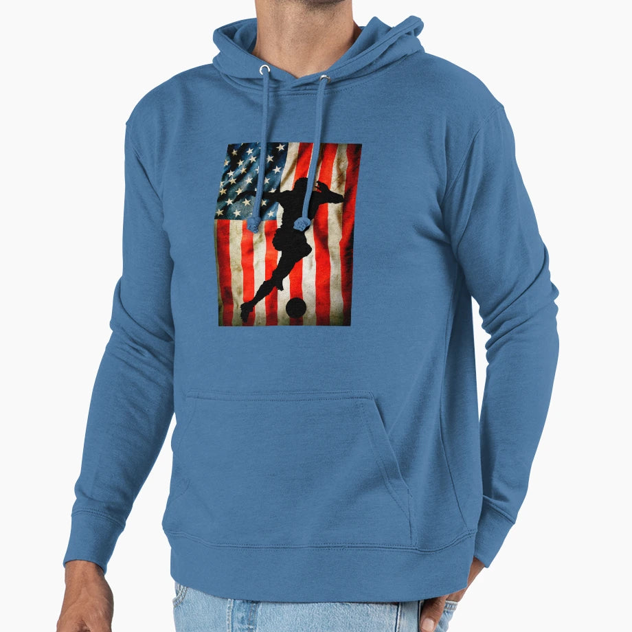 American Soccer Player And Usa Flag Hoodie - Aesthetic Graphic Unisex - T-Shirt, Sweatshirt, Hoodie