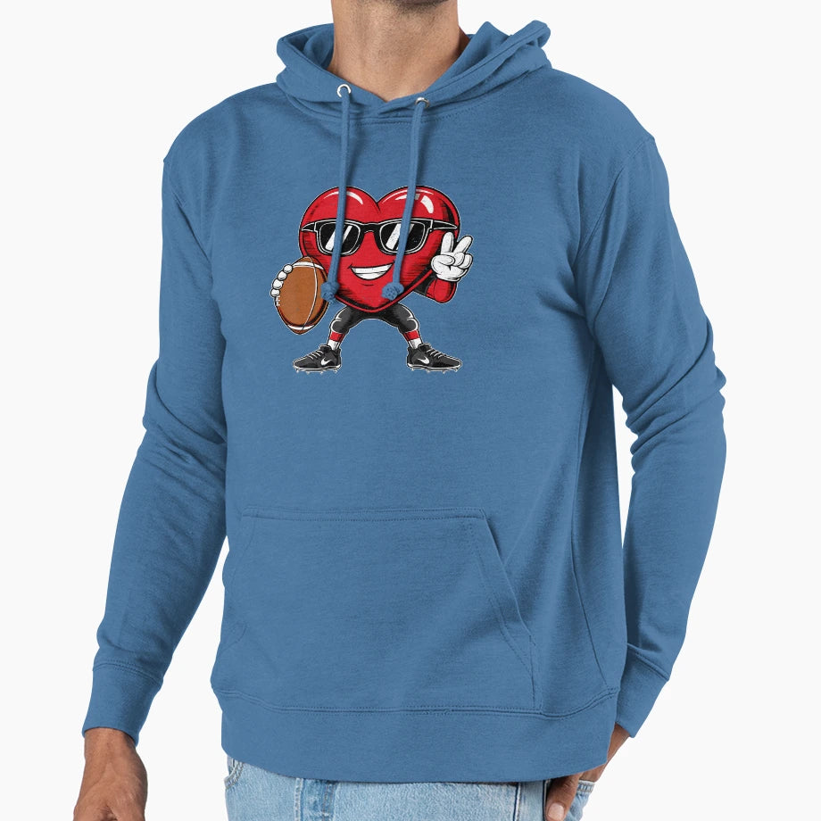 Valentines Day Heart Playing Football Hoodie - Custom Art Print Men Women - T-Shirt, Sweatshirt, Hoodie