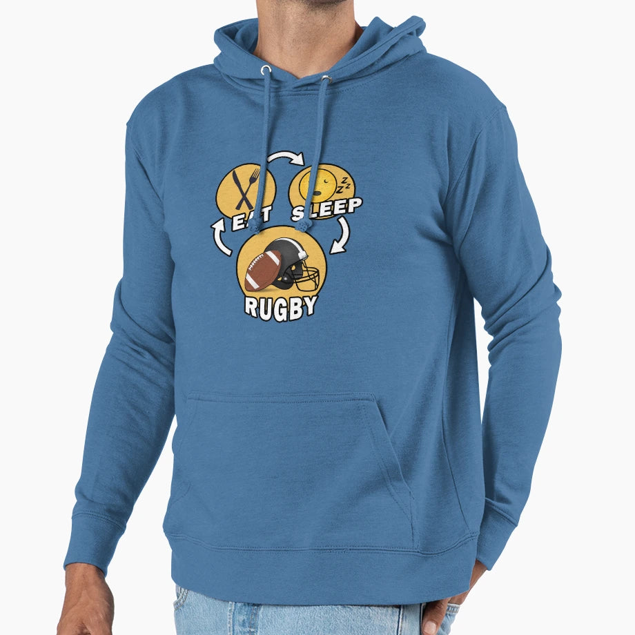 Eat Sleep Rugby Repeat Hoodie - Trendy Graphic Unisex - T-Shirt, Sweatshirt, Hoodie