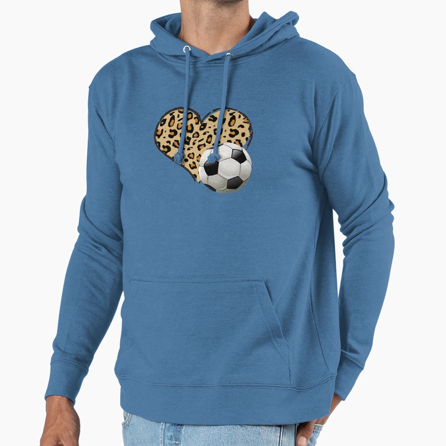 Soccer Love Leopard Heart Soccer Lovers Hoodie - Graphic Print Unisex - T-Shirt, Sweatshirt, Hoodie