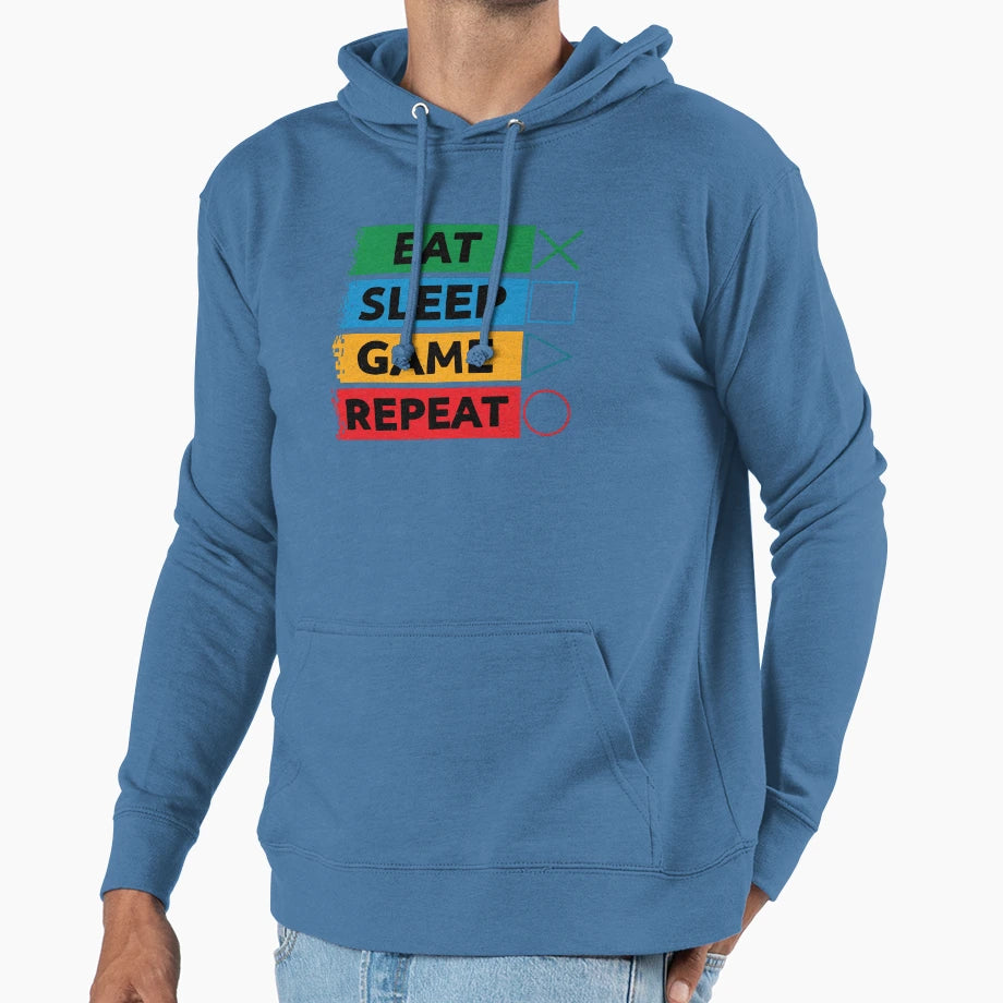 Eat Sleep Game Repeat Funny Gamer Gaming Hoodie - Trendy Graphic Unisex - T-Shirt, Sweatshirt, Hoodie