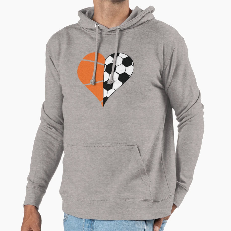 Soccer Basketball Ball Heart Hoodie - Trendy Graphic Men Women - T-Shirt, Sweatshirt, Hoodie