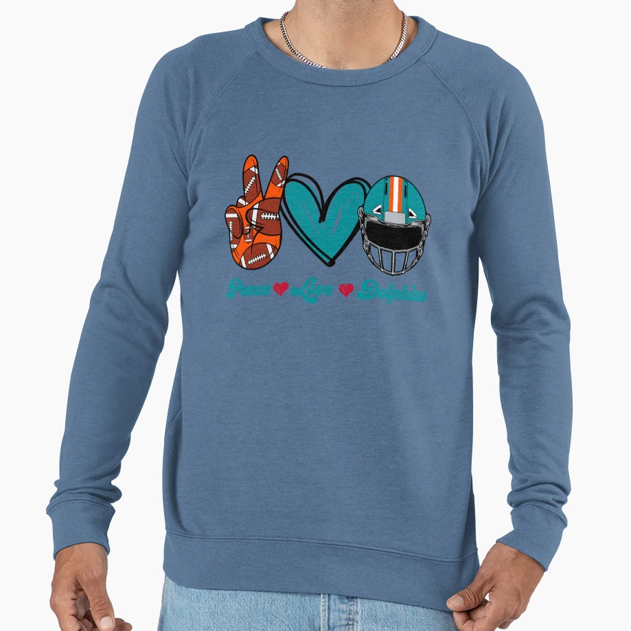 Peace Love Dolphins Football Team Sweatshirt - Aesthetic Graphic Unisex - T-Shirt, Sweatshirt, Hoodie