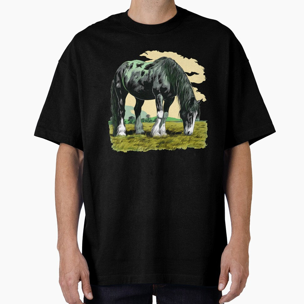 Beautiful black shire horse grazing on a country - Adult & Kids T-Shirts, Sweatshirts & Hoodies apparel design preview 1