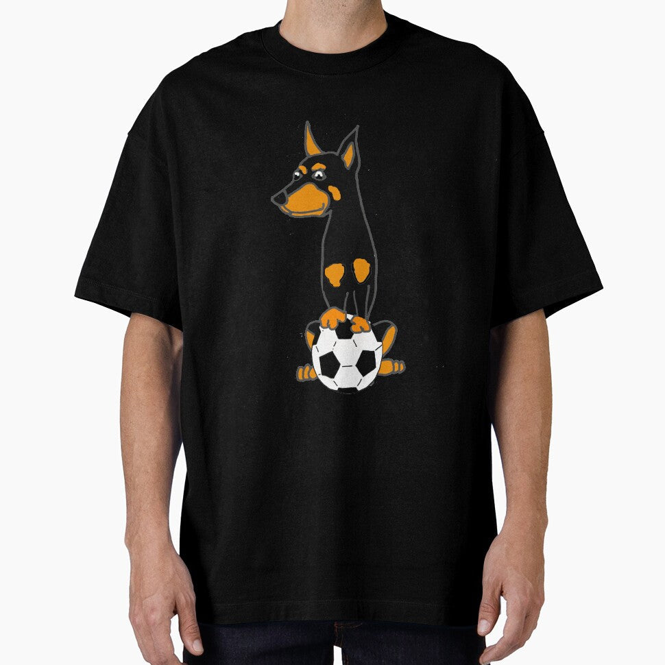 Funny Doberman Pinscher Dog Playing Soccer by - Adult & Kids T-Shirts, Sweatshirts & Hoodies apparel design preview 1
