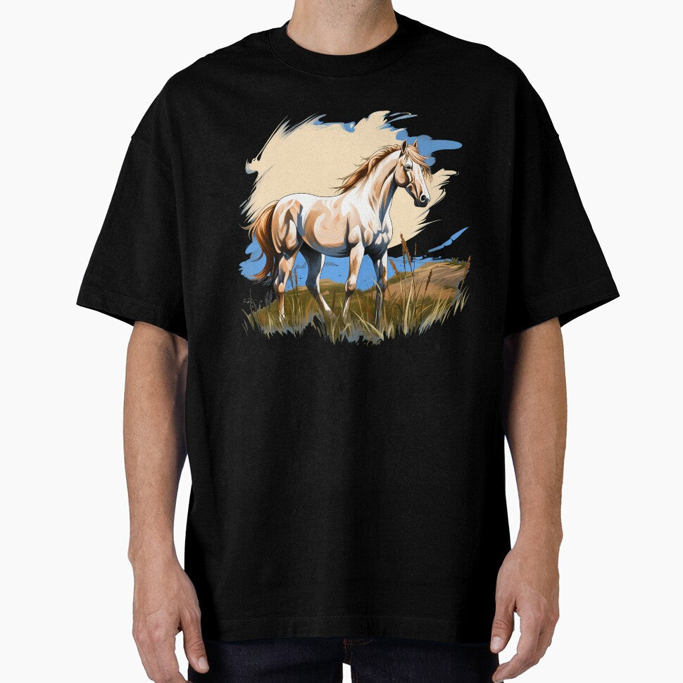 Beautiful white arabian horse grazing on a country - Adult & Kids T-Shirts, Sweatshirts & Hoodies apparel design preview 1