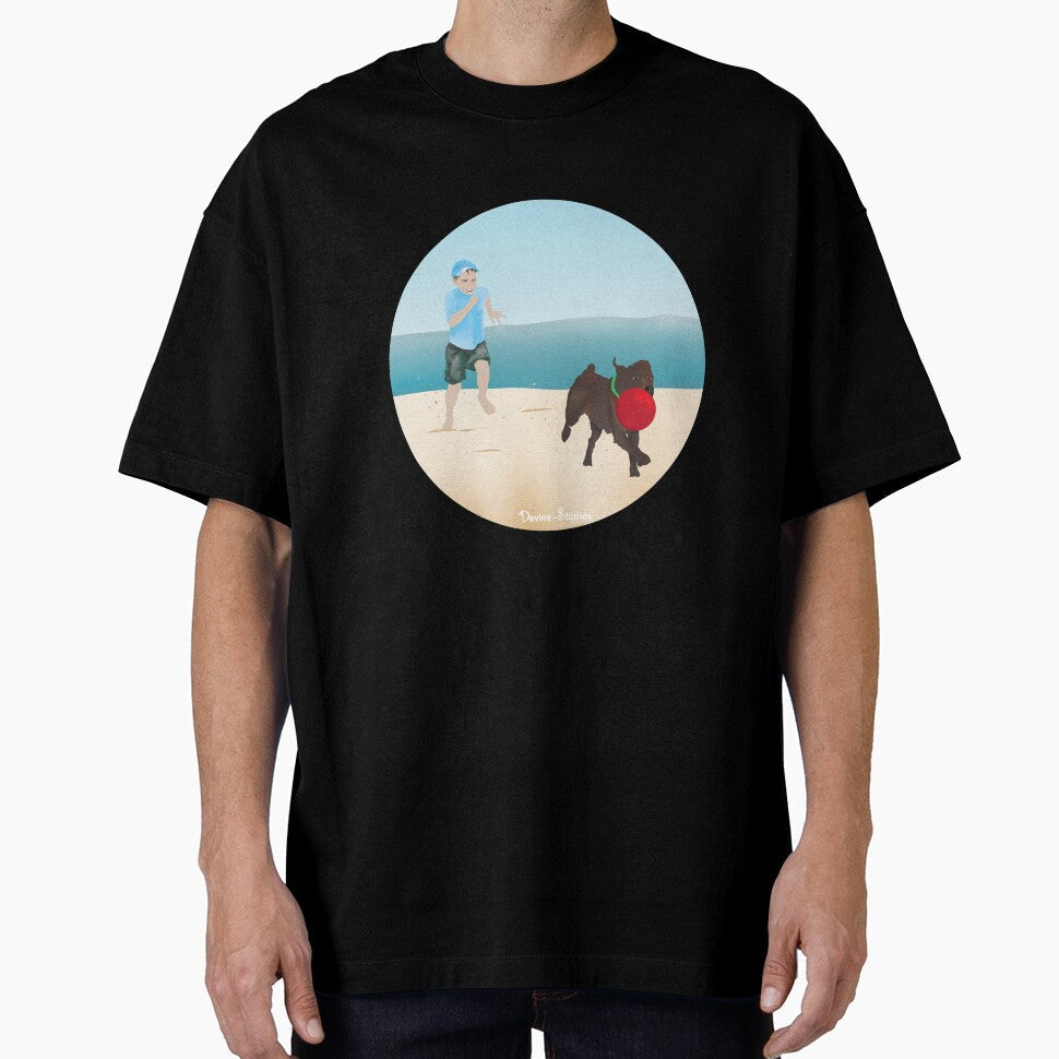 Boy and Dog Playing Ball at the Beach by - Adult & Kids T-Shirts, Sweatshirts & Hoodies apparel design preview 1