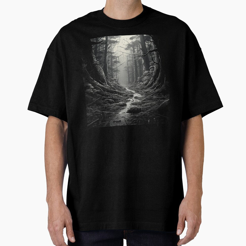 Mystical Black and White Forest Dark Nature Landscape - Adult & Kids T-Shirts, Sweatshirts & Hoodies apparel design preview 1