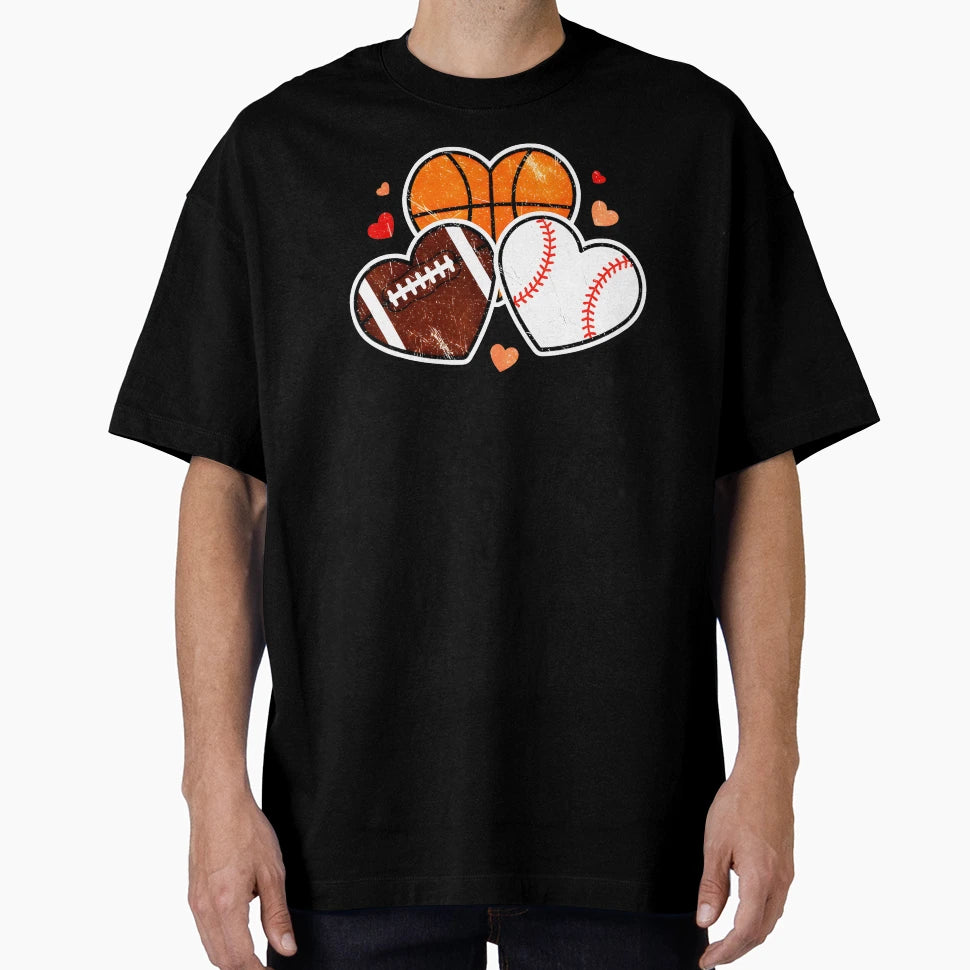 Heart Sports Valentine Basketball Football T-Shirt - Graphic Print Unisex - T-Shirt, Sweatshirt, Hoodie