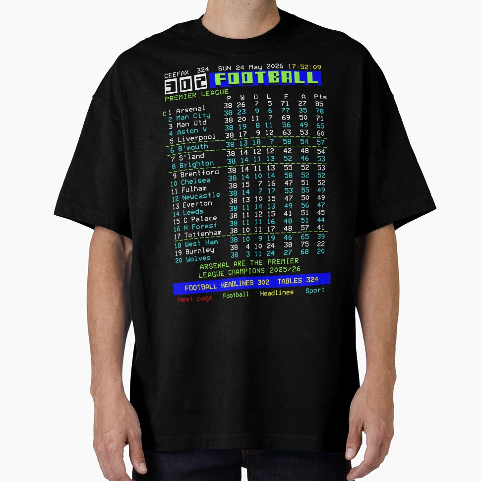 2026 Season Ceefax Final League Table T-Shirt - Trendy Graphic Unisex - T-Shirt, Sweatshirt, Hoodie