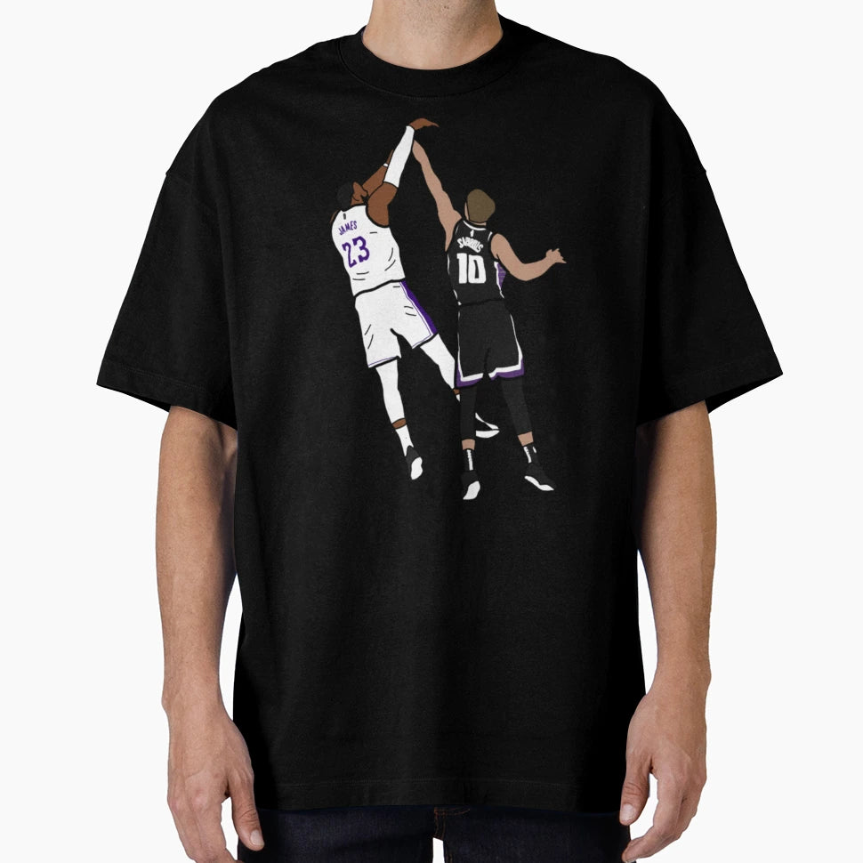 Lebron James Shoots Over Domantas T-Shirt - Streetwear Style for Adults - T-Shirt, Sweatshirt, Hoodie