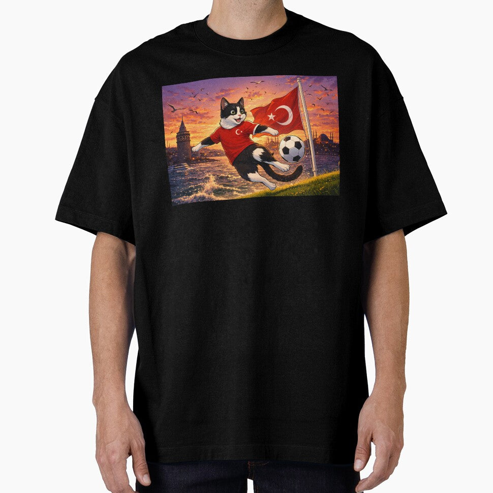 Turkish Cat Playing Football Istanbul Skyline Sunset - Adult & Kids T-Shirts, Sweatshirts & Hoodies apparel design preview 1