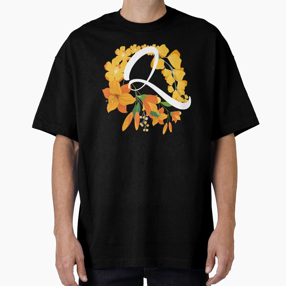 Letter Q Capital Alphabet Flowers T-Shirt - Casual Everyday Wear Unisex - T-Shirt, Sweatshirt, Hoodie