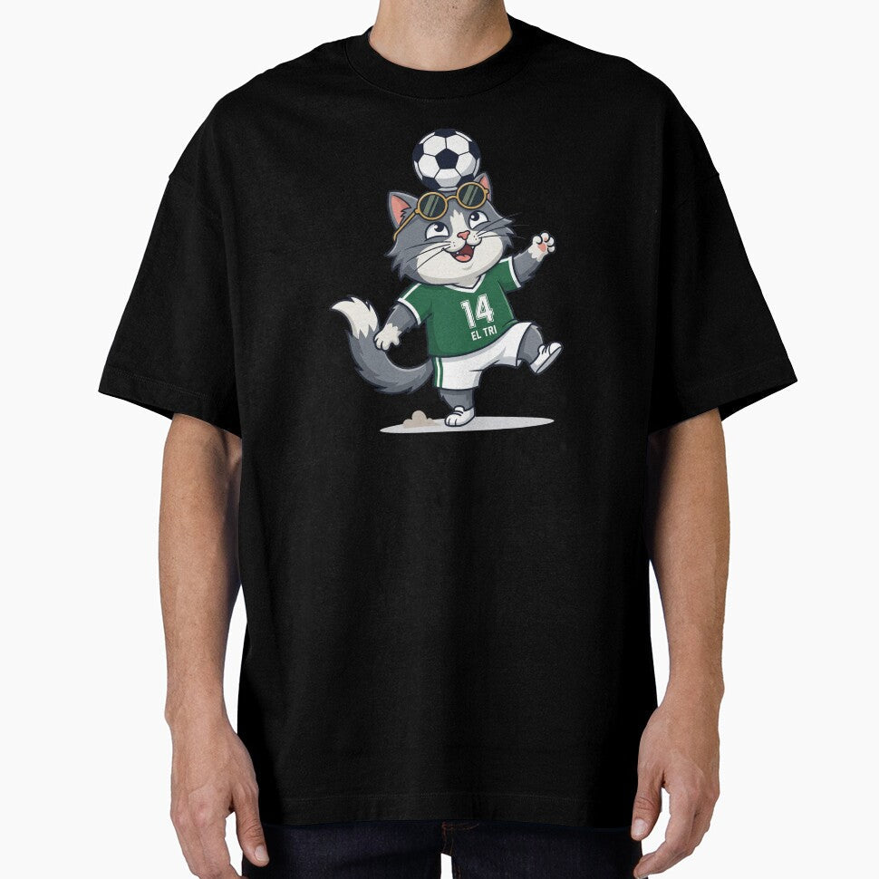 Mexico Soccer Cat Juggling El Tri Number 14 Cartoon - Adult & Kids T-Shirts, Sweatshirts & Hoodies apparel design preview 1