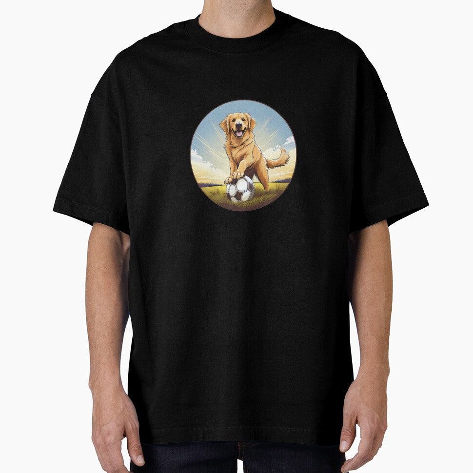 Happy golden retriever dog with paws on soccer ball - Adult & Kids T-Shirts, Sweatshirts & Hoodies apparel design preview 1