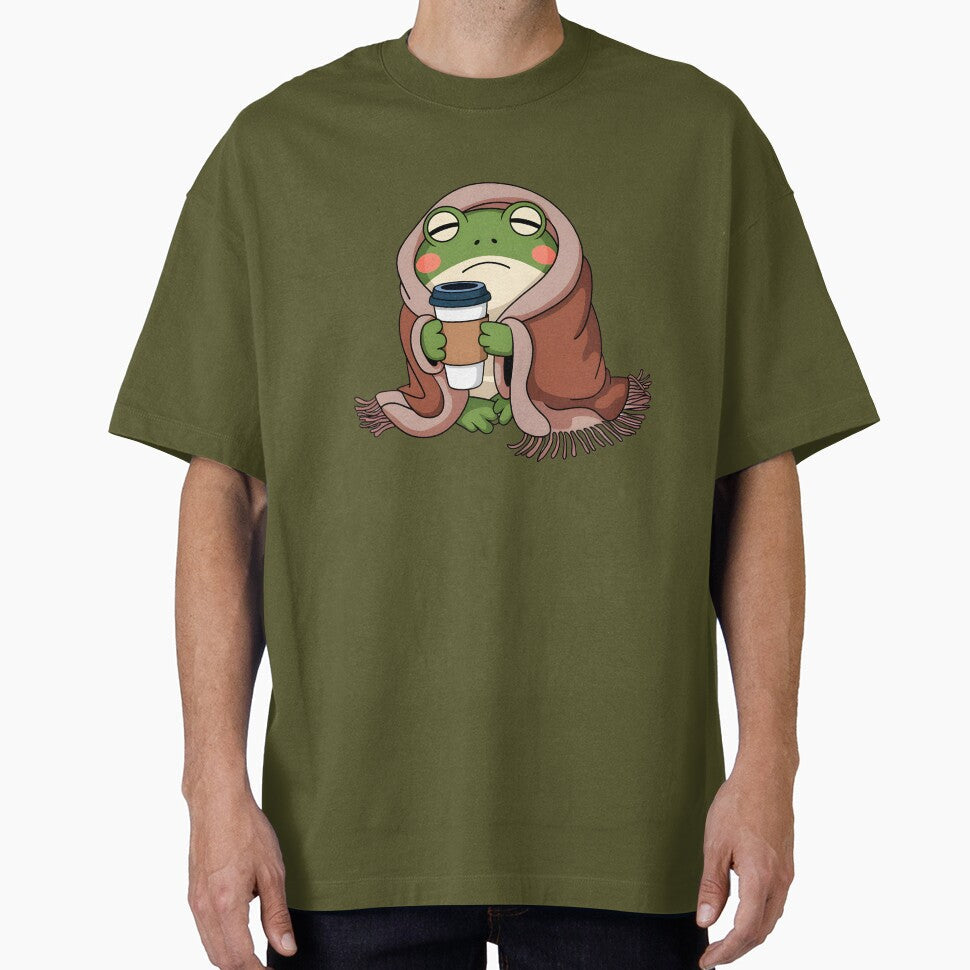 Sleepy Cozy Frog Drinking Coffee Cute Aesthetic by - Adult & Kids T-Shirts, Sweatshirts & Hoodies apparel design preview 1