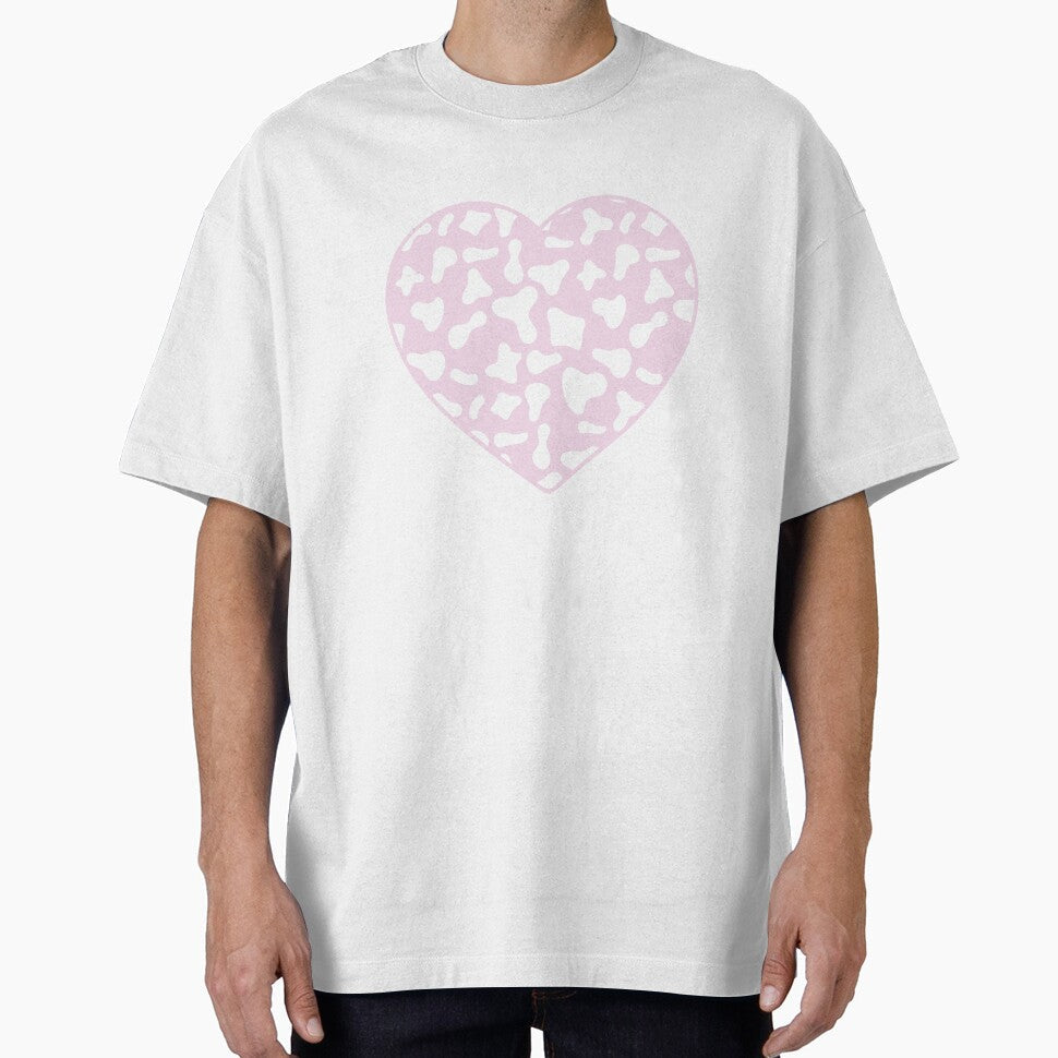 White Cow Pattern on Pink Cowhide Skin Heart by - Adult & Kids T-Shirts, Sweatshirts & Hoodies apparel design preview 1