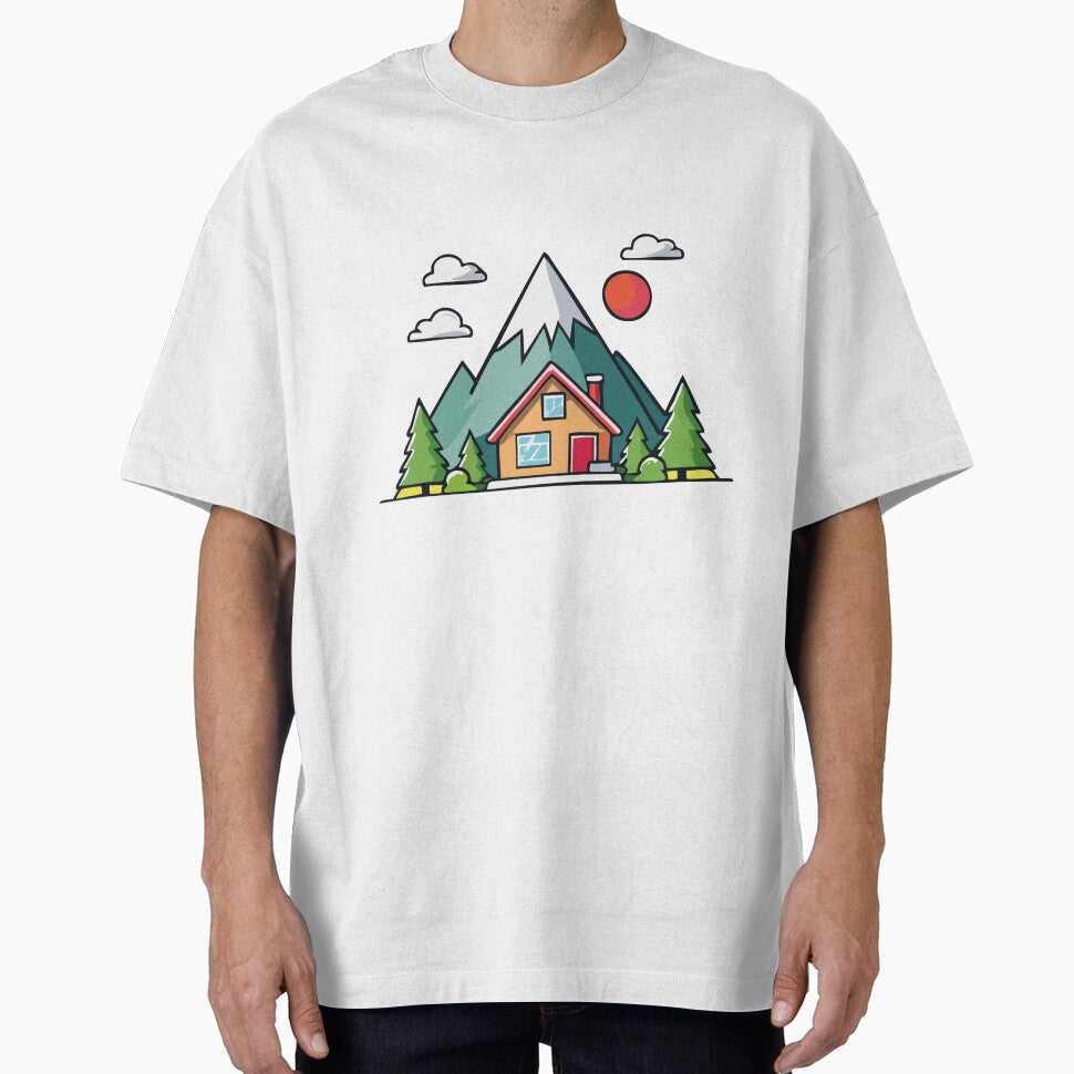 Little mountain house with clouds, sun and trees in - Adult & Kids T-Shirts, Sweatshirts & Hoodies apparel design preview 1