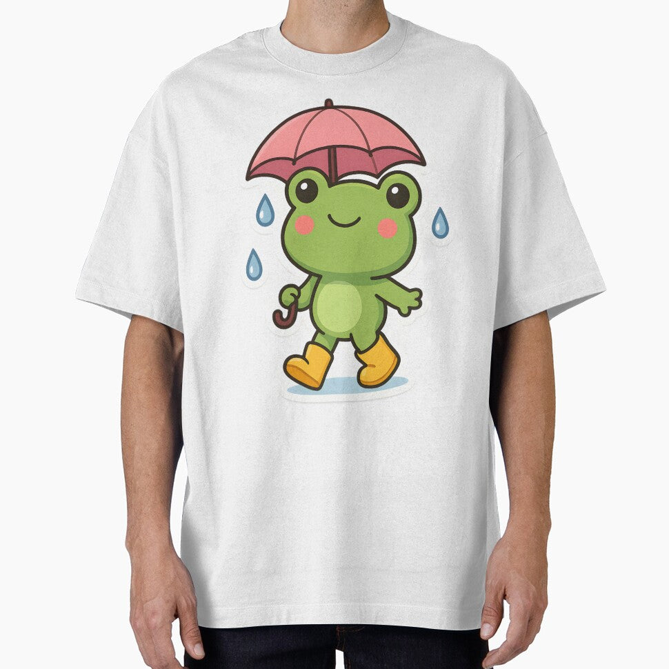 Kawaii Frog in Yellow Rain Boots with Pink Umbrella - Adult & Kids T-Shirts, Sweatshirts & Hoodies apparel design preview 1