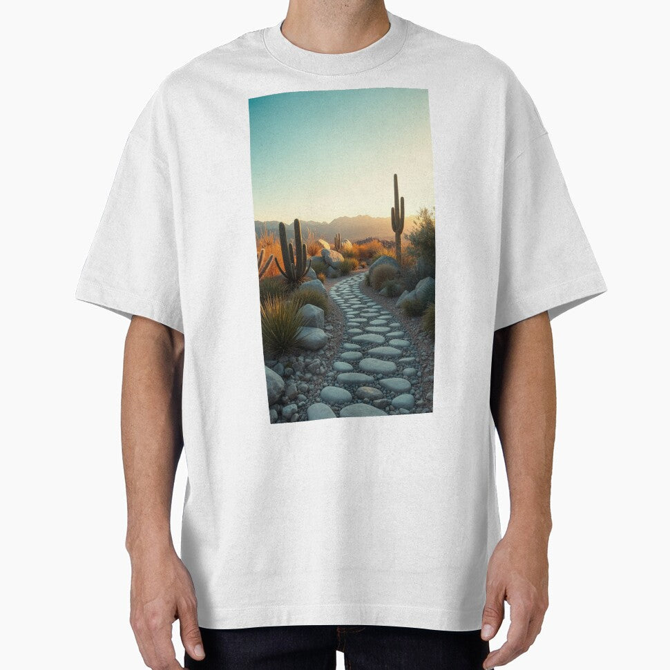 Sunset Desert Pathway with Cacti and Mountains by - Adult & Kids T-Shirts, Sweatshirts & Hoodies apparel design preview 1