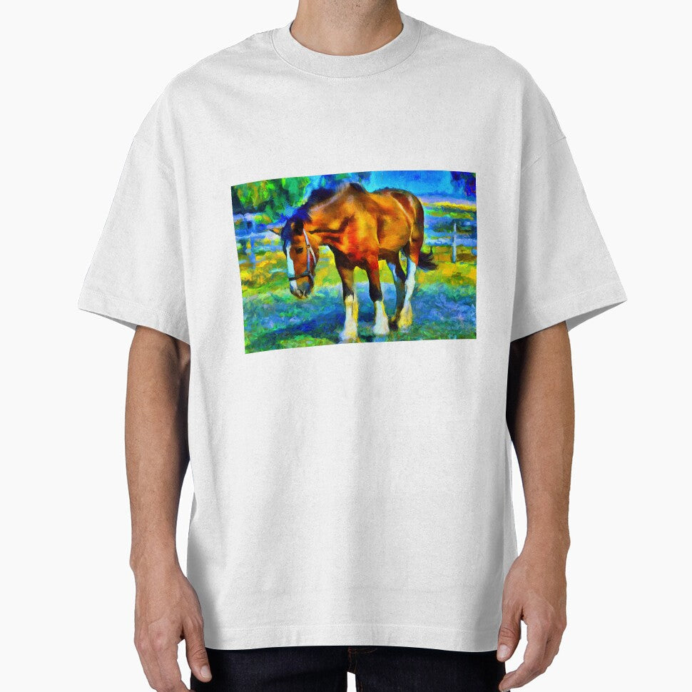 Brown shire horse outside, on a colorful blue and - Adult & Kids T-Shirts, Sweatshirts & Hoodies apparel design preview 1