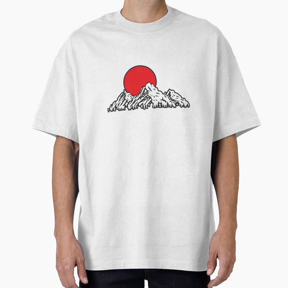 Three Mountains With A Red Sun Behind by Jrodi - Adult & Kids T-Shirts, Sweatshirts & Hoodies apparel design preview 1