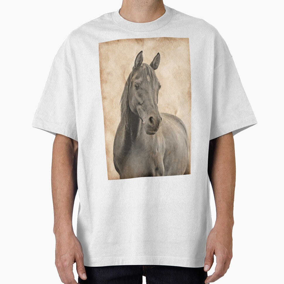 Curious brown Arabian horse blended on old paper by - Adult & Kids T-Shirts, Sweatshirts & Hoodies apparel design preview 1