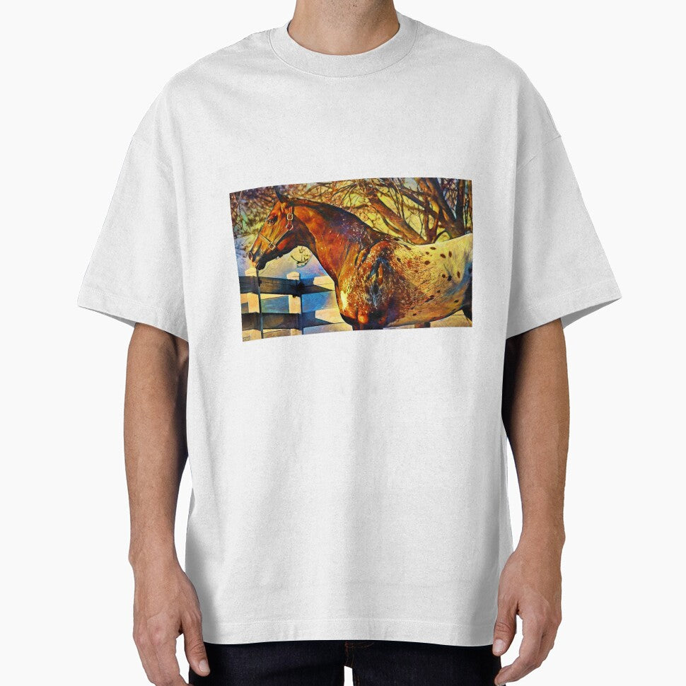 Appaloosa horse sitting near a tree and fence digital - Adult & Kids T-Shirts, Sweatshirts & Hoodies apparel design preview 1