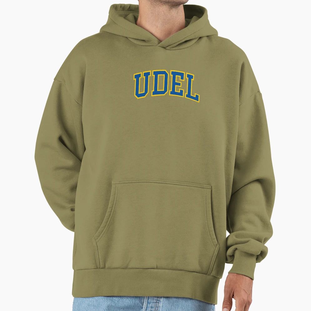 Udel College Font Curved Hoodie - Streetwear Style Men Women - T-Shirt, Sweatshirt, Hoodie