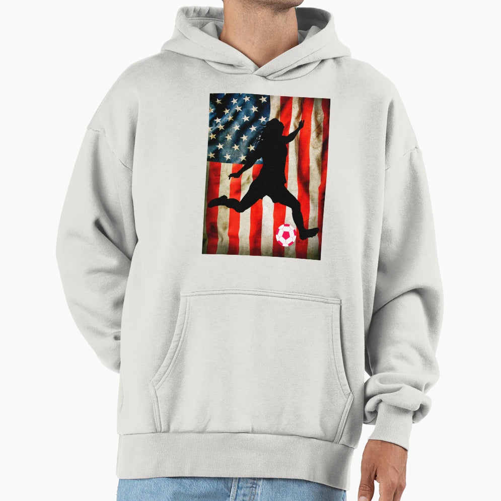 Female Soccer And American Flag Hoodie - Aesthetic Graphic Unisex - T-Shirt, Sweatshirt, Hoodie