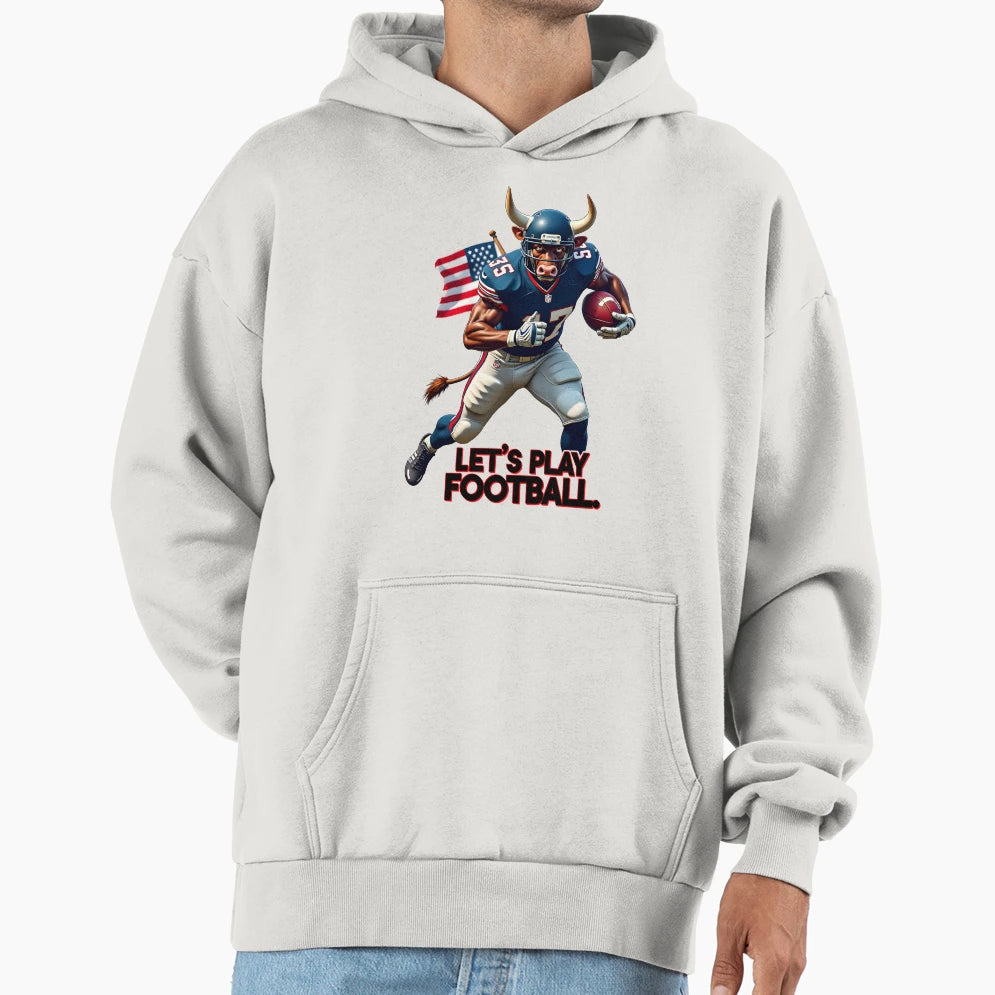 Bull Says Lets Play Football Hoodie - Fun Novelty Design for Adults - T-Shirt, Sweatshirt, Hoodie