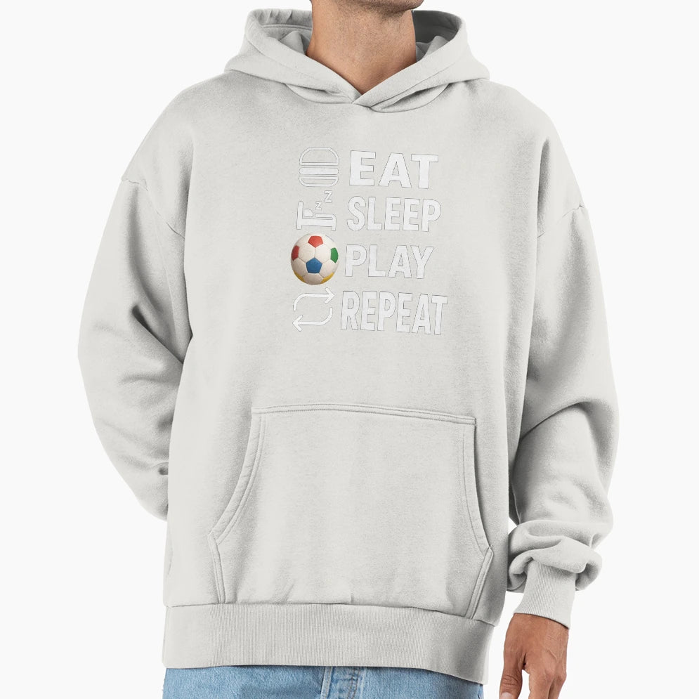 Eat Sleep Play Repeat Soccer Black Hoodie - Aesthetic Graphic Men Women - T-Shirt, Sweatshirt, Hoodie