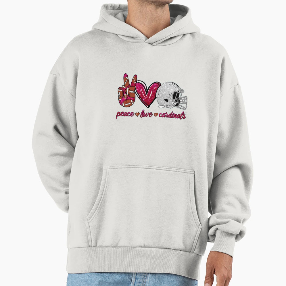 Peace Love Cardinals Football Team Hoodie - Novelty Apparel for Adults - T-Shirt, Sweatshirt, Hoodie