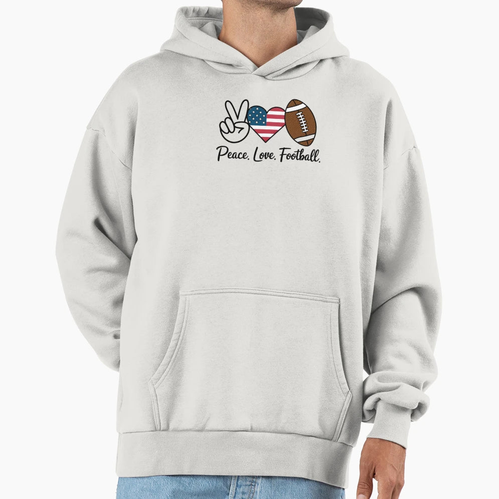 Peace Love Football Hand Sign Heart Hoodie - Trendy Graphic for Adults - T-Shirt, Sweatshirt, Hoodie