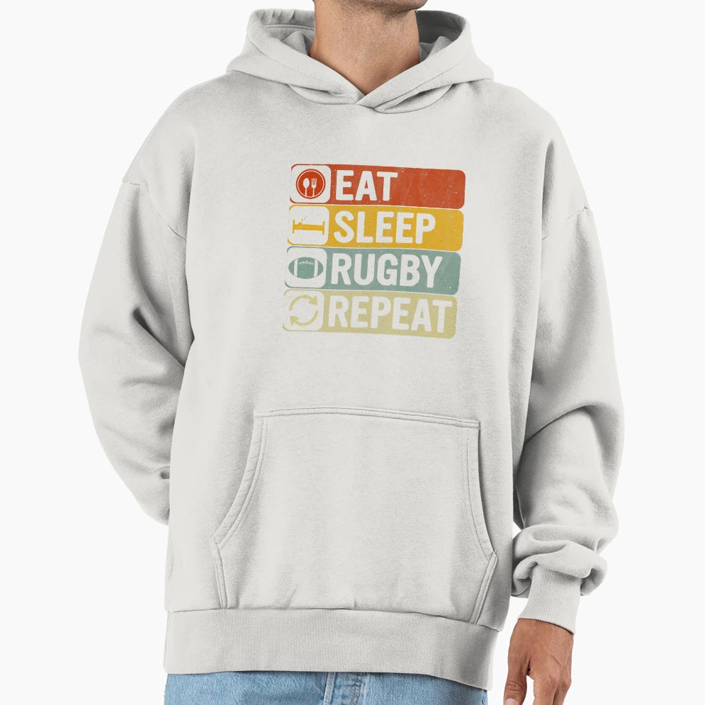Eat Sleep Rugby Repeat 60S 70S Rugby Hoodie - Minimalist Print for Adults - T-Shirt, Sweatshirt, Hoodie