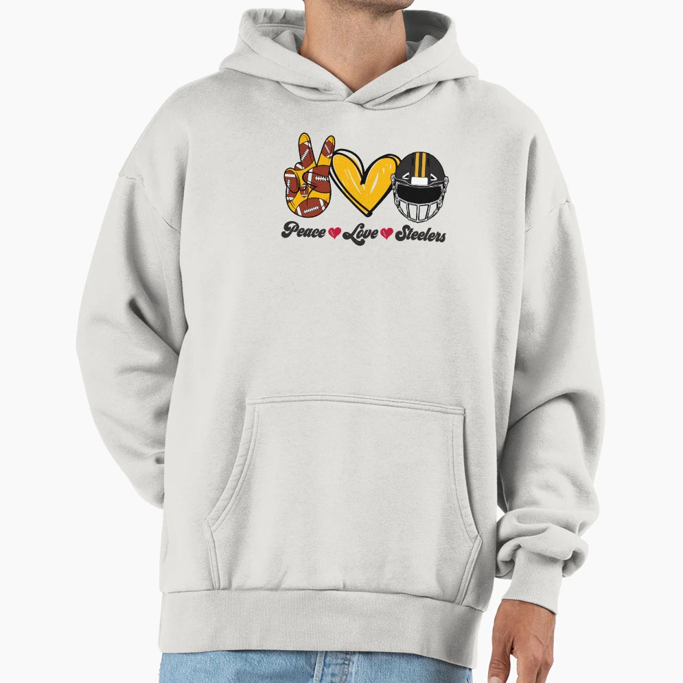 Peace Love Steelers Football Team Hoodie - Novelty Apparel for Adults - T-Shirt, Sweatshirt, Hoodie