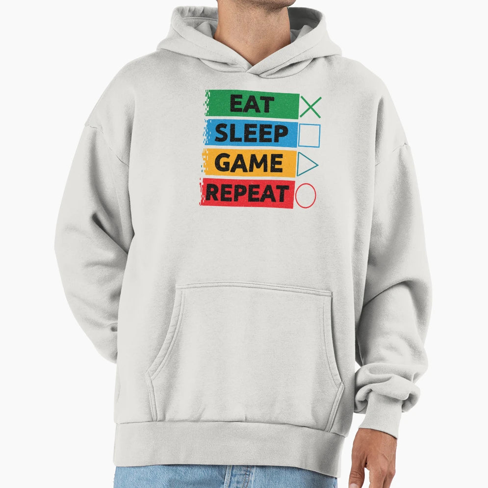 Eat Sleep Game Repeat Funny Gamer Hoodie - Novelty Apparel for Adults - T-Shirt, Sweatshirt, Hoodie