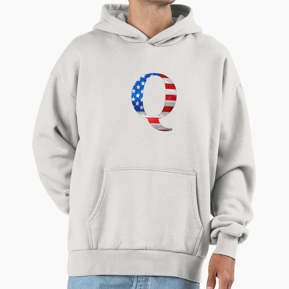 Us Usa America Flag Capital Letter Q Hoodie - Trendy Graphic Unisex - T-Shirt, Sweatshirt, Hoodie