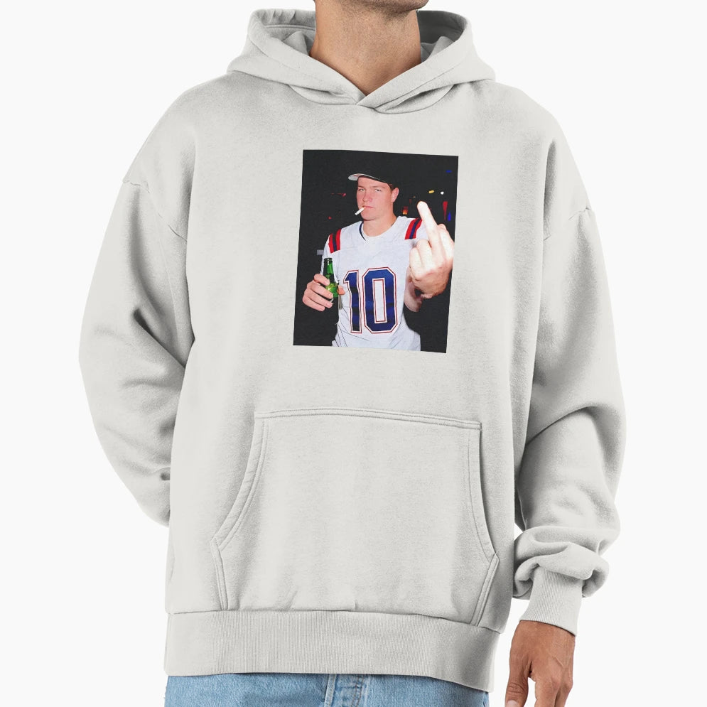 Drake Maye Flipping Bird Drinking Funny Hoodie - Aesthetic Graphic Unisex - T-Shirt, Sweatshirt, Hoodie