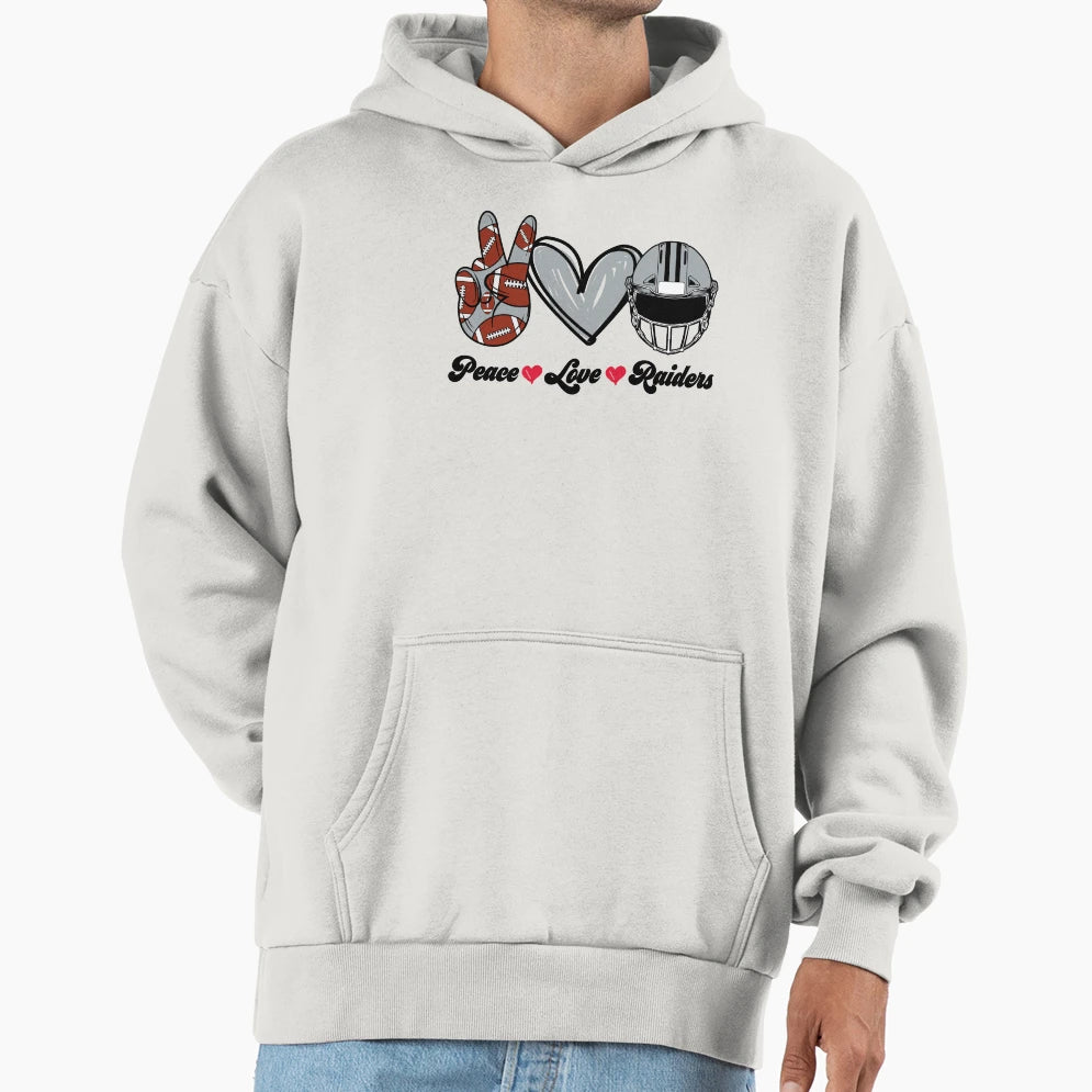 Peace Love Raiders Football Team Hoodie - Unique Graphic Unisex - T-Shirt, Sweatshirt, Hoodie