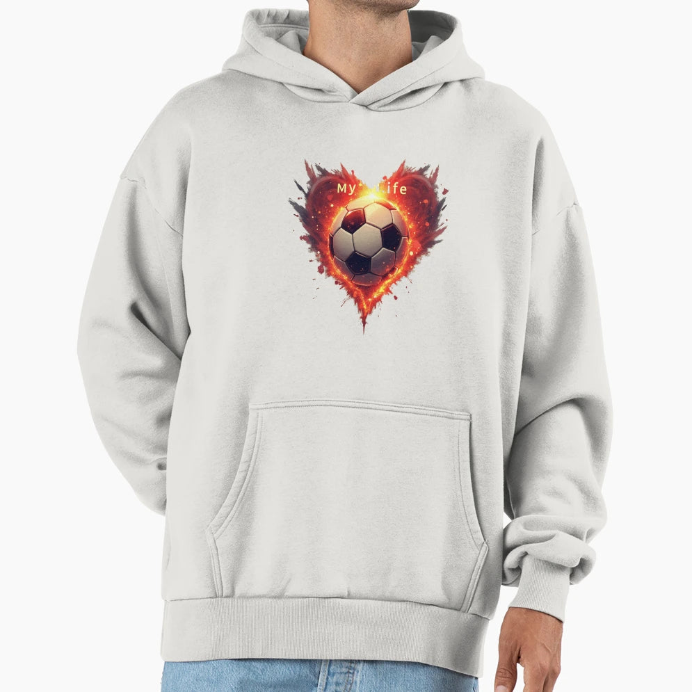 Fiery Soccer Football Heart Fans Hoodie - Novelty Apparel for Adults - T-Shirt, Sweatshirt, Hoodie