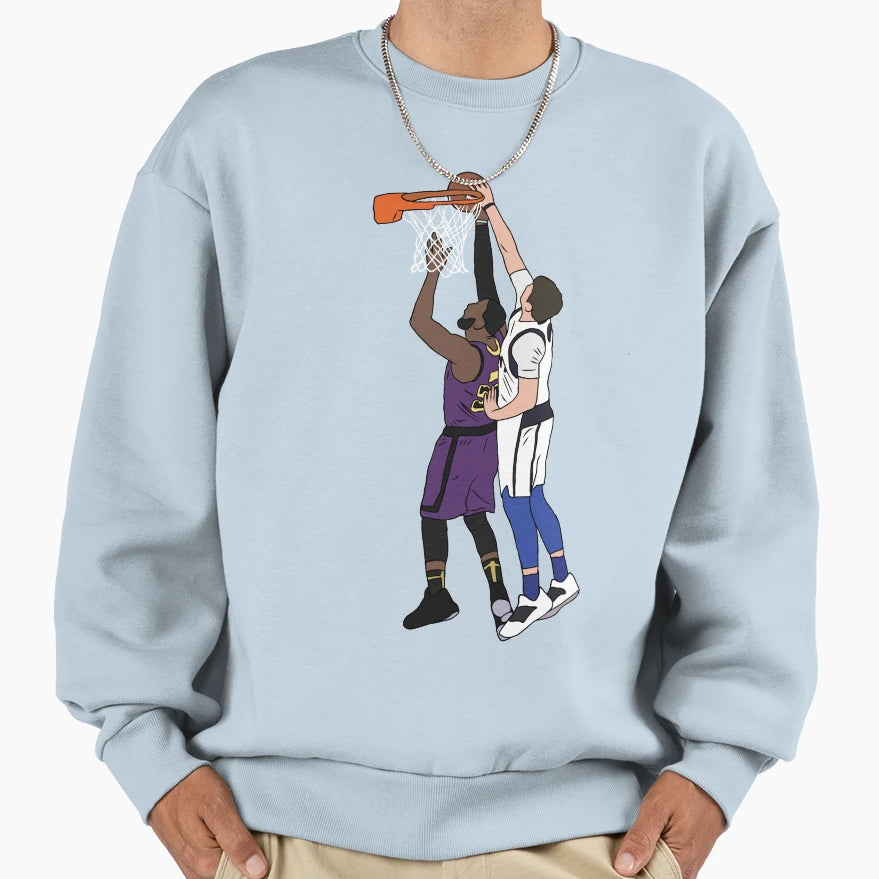 Luka Doncic Blocks Lebron James Sweatshirt - Trendy Graphic for Adults - T-Shirt, Sweatshirt, Hoodie