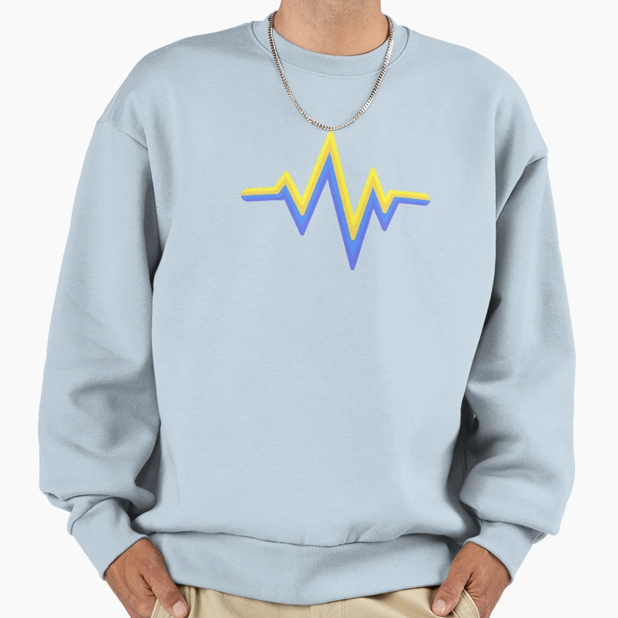 Yellow Blue Heartbeat World Down Sweatshirt - Novelty Apparel for Adults - T-Shirt, Sweatshirt, Hoodie