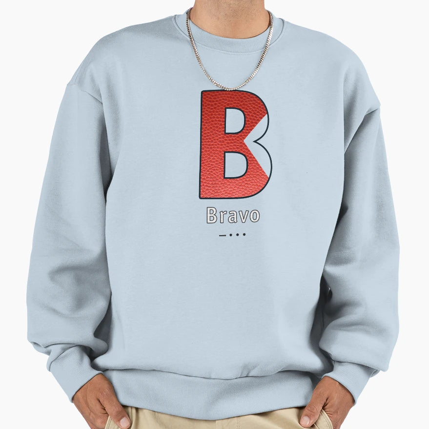 Bravo Navy Alphabet Leather Sweatshirt - Trendy Graphic for Adults - T-Shirt, Sweatshirt, Hoodie