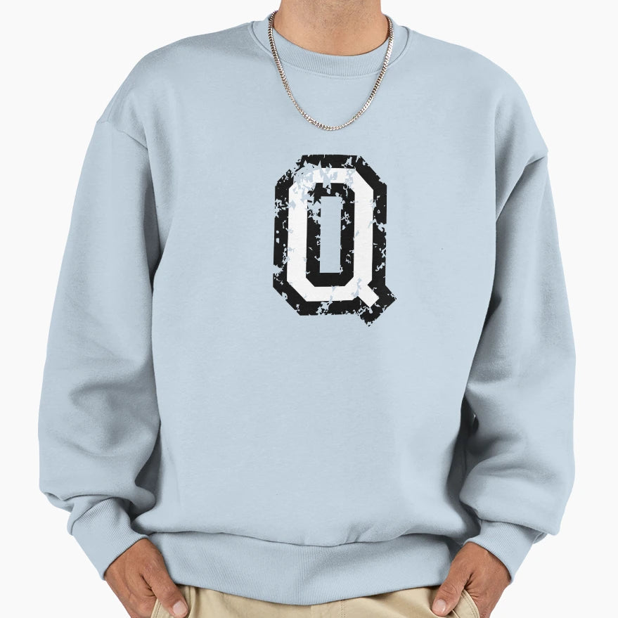 Letter Q Distressed Two Color Black Sweatshirt - Aesthetic Graphic Unisex - T-Shirt, Sweatshirt, Hoodie