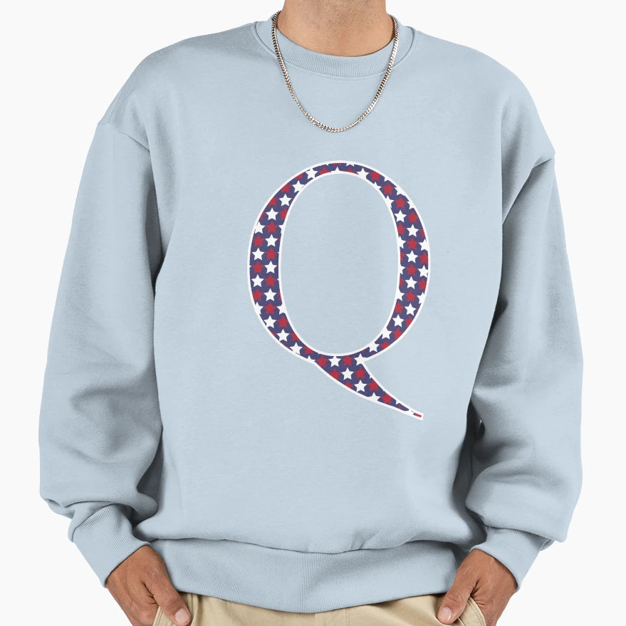 Letter Q Americana Stars Old Sweatshirt - Aesthetic Graphic Men Women - T-Shirt, Sweatshirt, Hoodie