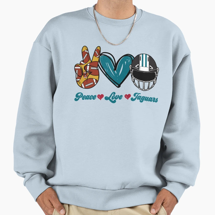Peace Love Jaguars Football Team Sweatshirt - Graphic Print for Adults - T-Shirt, Sweatshirt, Hoodie